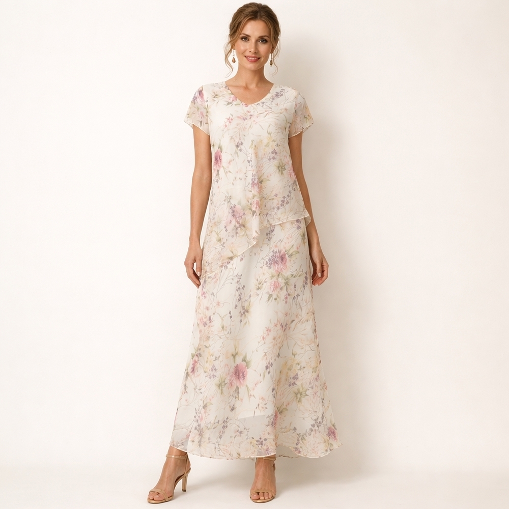 AGB Byer California Size 14 Vintage Floral Chiffon Layered Long Shift Dress